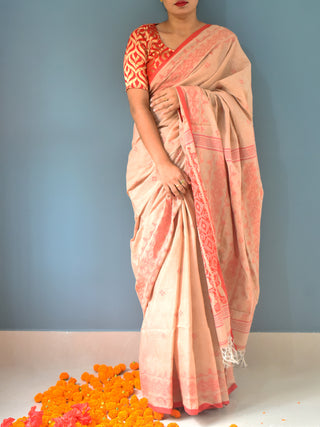 Pure Cotton Jamdani Saree Floral Motifs Beige and Red OCAU