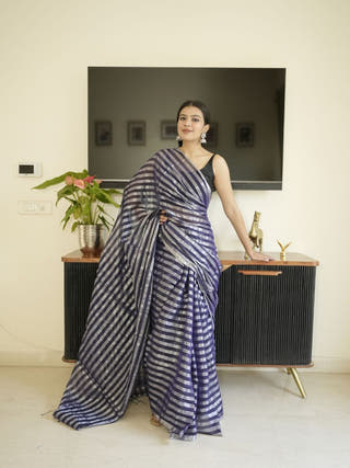Blue Mul Cotton Saree With Zari Stripes