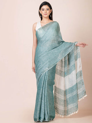 Linen Solid Saree with Zari Teal OCAU