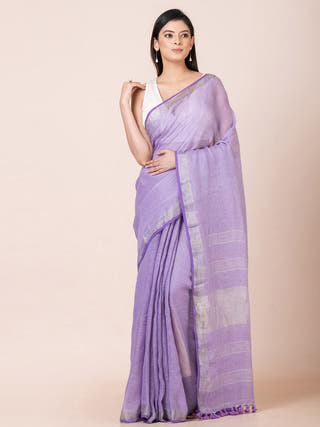 Linen Solid Saree with Zari Purple OCAU