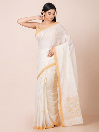 Cotton Saree With Jamdani Motifs Offwhite OCAU