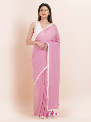 Blush Bloom Pure Cotton Solid Saree With Lace Border Ocau 
