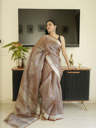 Chocolate Brown Tissue Linen Saree