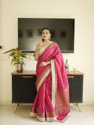 Red-Gold Banarasi Silk Saree With Lace Border