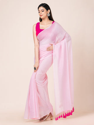 Pure cotton solid saree with tassels l Pink Ocau