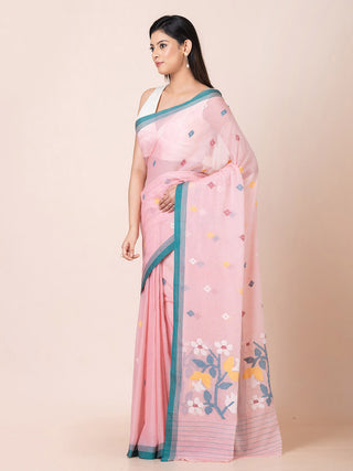 Cotton Saree With Jamdani Motifs Pink OCAU