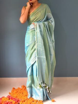 Pure Cotton Saree Zari Stripes Teal OCAU