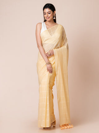 Pure Cotton Checkered Saree | Yellow Ocau