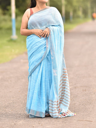 Pure Cotton Saree Golden Zari Stripes Blue OCAU