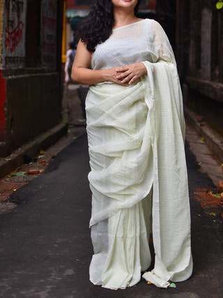 Pure Cotton Saree Golden Stripes Pistachio green OCAU