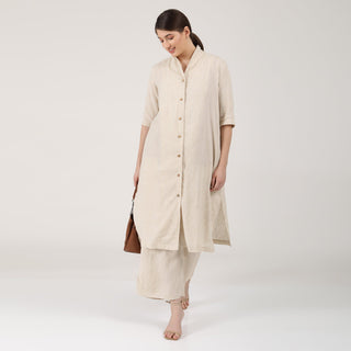 Linen & Organic Cotton Solid Slip Top With Long Shirt And Wide Leg Pant 3-Piece Co-Ord Set - Linen & Organic Cotton coord set for women in Beige & Autumn Rust color