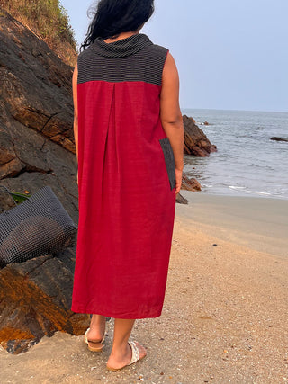 Natural Dye Cowl Neck Handloom Dress  Maroon KRUSHNACHUDA