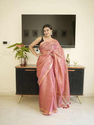 Orange Tissue Linen Saree With Zari Border