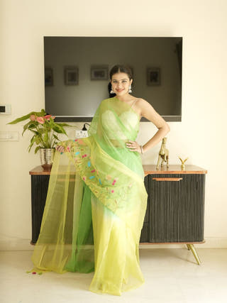Green-Lime Ombre Organza Saree