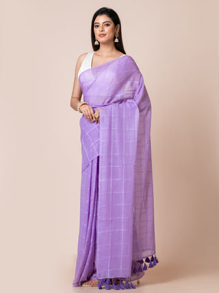 Pure Cotton Checkered Saree | Purple Ocau