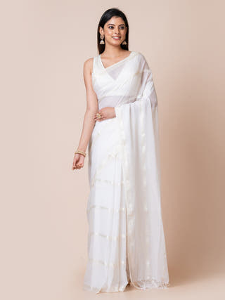 Gleam & Glam | Pure Cotton Saree With Zari Stripes | White Ocau