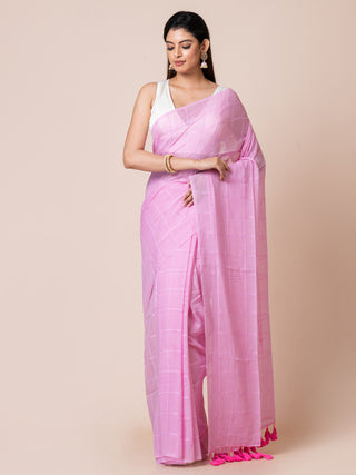 Pure Cotton Checkered Saree | Pink Ocau