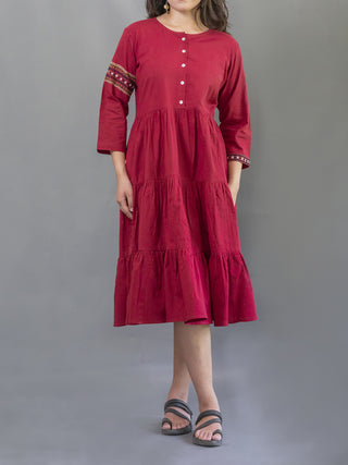 Embroidered Hand Detailed Dress In Red Moral Fibre