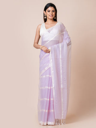 Gleam & Glam | Pure Cotton Saree With Zari Stripes | Lavender Ocau