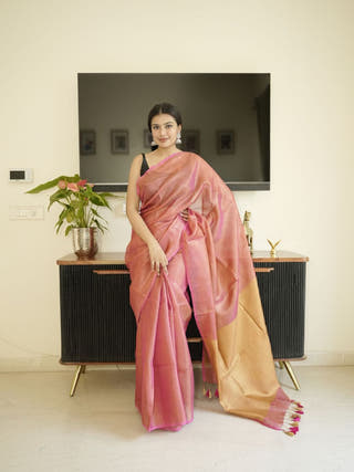 Orange Tissue Linen Saree With Golden Zari Pallu