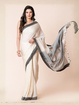Smoky Sprinkles Pure Cotton Saree With Jacquard Border | Off-White & Black