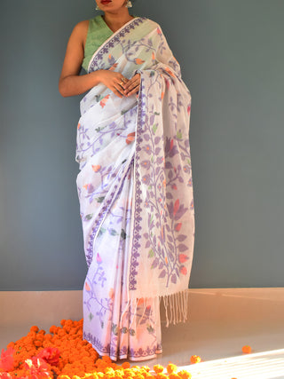 Pure Cotton Jamdani Saree Floral Motifs White and Navy OCAU