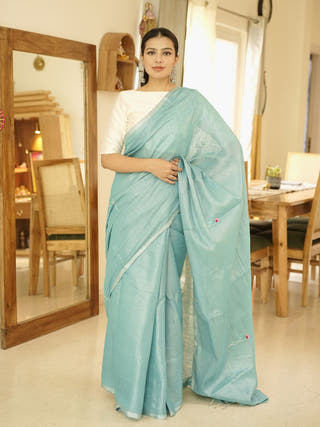 Aqua Whisper Handwoven Linen Saree