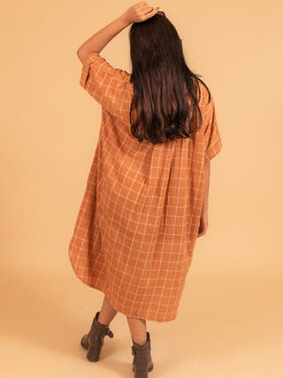 Moral Fibre Beach Dress With Patch Pockets In Check Fabric Moral Fibre Beige checks on Brown
