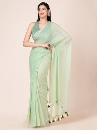 Pure cotton solid saree with tassels l Pistachio Green Ocau