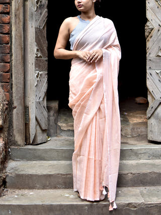 Pure Cotton Saree Golden Stripes Beige OCAU