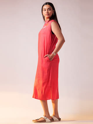 Embroidered Midi Dress Fuschia