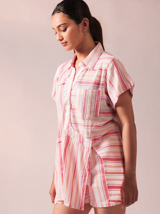 Hues Shirt Short Set Fuschia & White