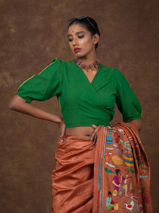 Hand Embroidered Cotton Dori Blouse | Green