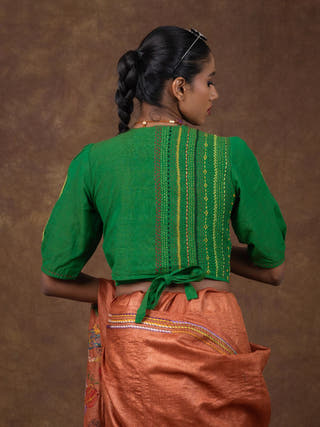 Hand Embroidered Cotton Dori Blouse | Green
