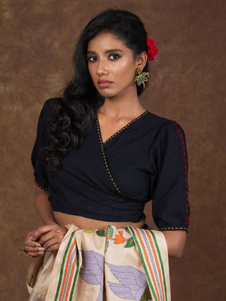 Hand Embroidered Cotton Dori Blouse | Black