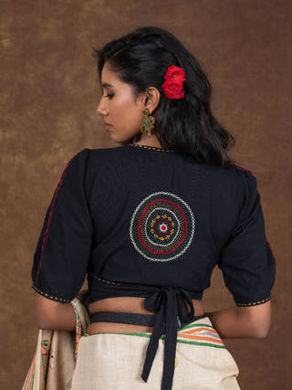 Hand Embroidered Cotton Dori Blouse | Black