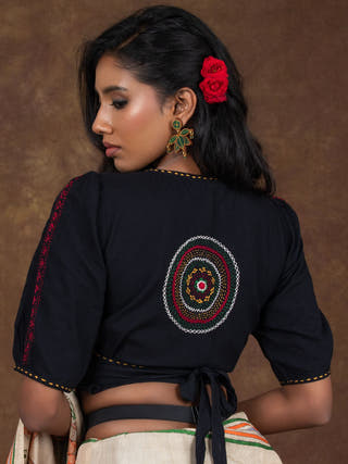 Hand Embroidered Cotton Dori Blouse | Black