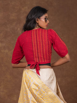 Hand Embroidered Cotton Dori Blouse | Red