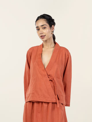 Wrap Top Rust Cotton-Linen Tie-Up Front