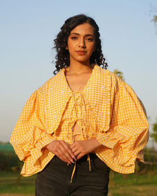 Raya Yellow & White Checks Cotton Tops