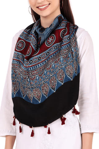 Block printed Modal Stole Dot Indigo Blue Teenaro