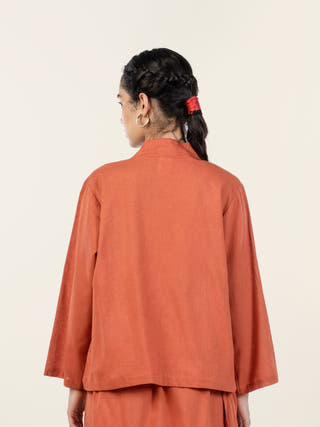Wrap Top Rust Cotton-Linen Tie-Up Front