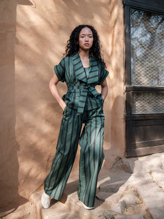 Deep Green Stripes Berlin Shawl Collar