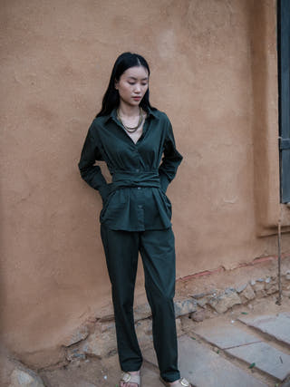 Deep Green Nara Front Knot Shirt