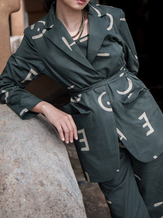 Deep Green Line Printed Cambridge Blazer The Terra Tribe