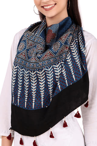 Block printed Modal Stole Indigo Blue & Red Teenaro