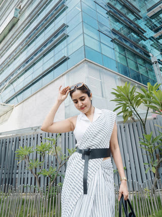 Aarti White Gray Striped Hand Block Cotton Saree Classic Pattern