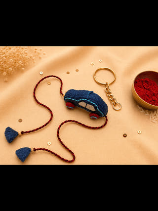 Hand Embroidered 3D Car Rakhi  | Blue (Set of 2)