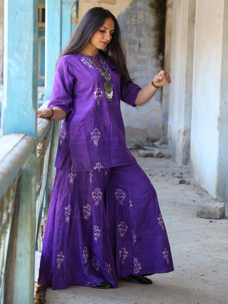 Malti Khadi Short Kurta And Palazzo  Purple Agati