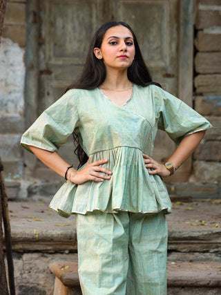 Vira Khadi Kediya Top And Palazzo Set Green Agati